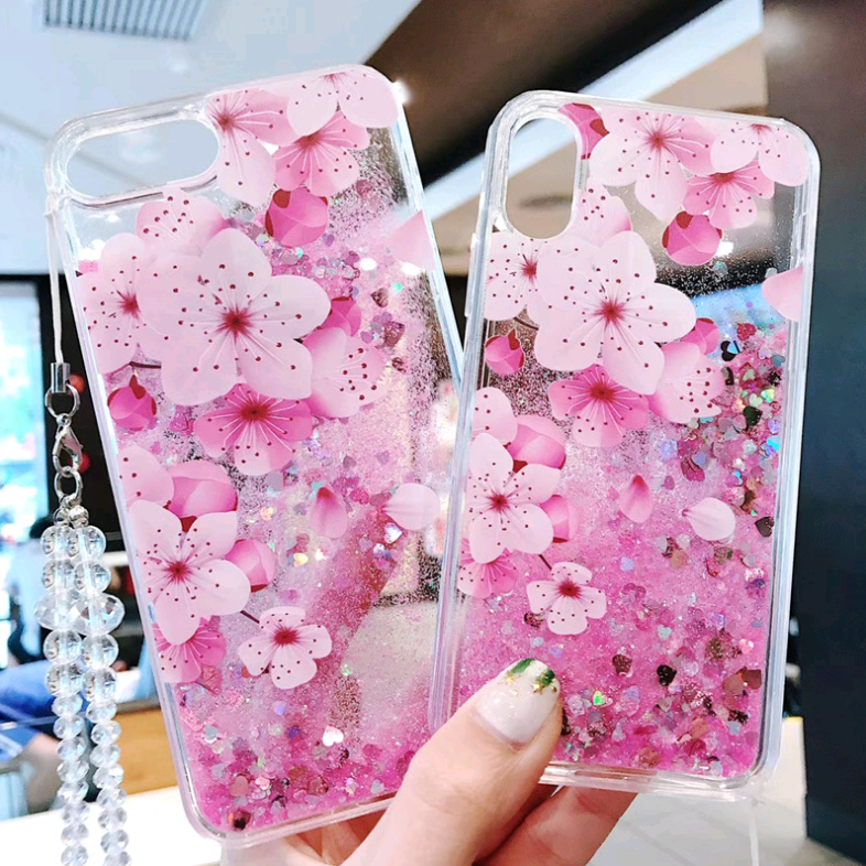 Trendy Summer Pink Peony Phone Case with Glitter Sand