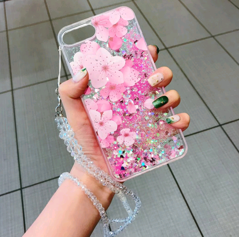 Trendy Summer Pink Peony Phone Case with Glitter Sand