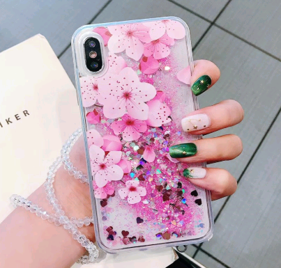 Trendy Summer Pink Peony Phone Case with Glitter Sand