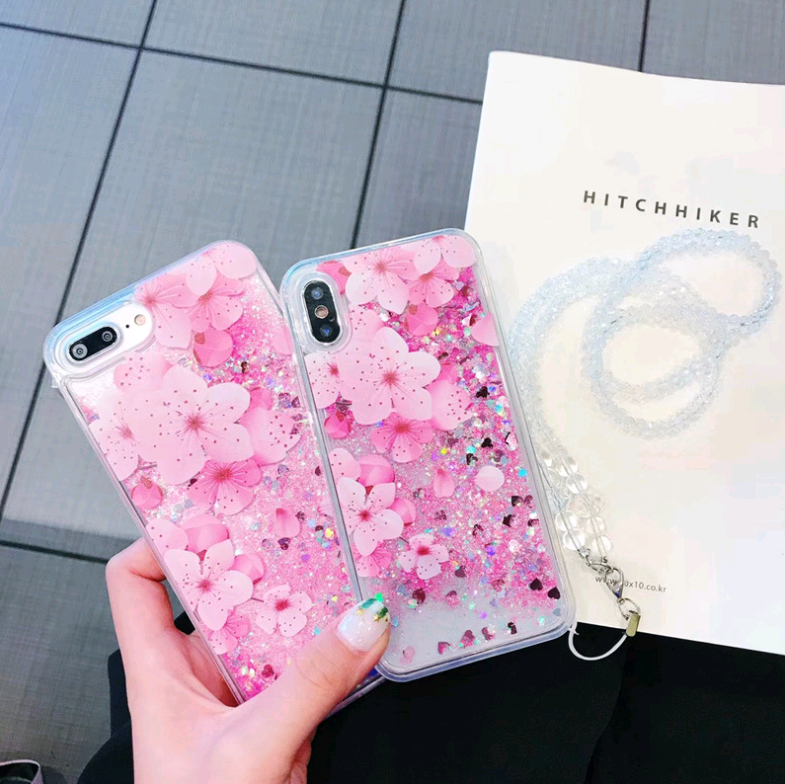 Trendy Summer Pink Peony Phone Case with Glitter Sand